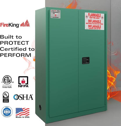FireKing Green Flammable Safety Cabinet, Pesticides Flammable Storage Cabinet, 45 Gallon Steel Safety Cabinets with Manual Door for Commercial, Industrial & Home Use, 43" x 18" x 65"
