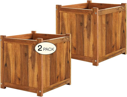 IDZO Set of 2 Acacia Wood Flower Planters for Outdoor Plants, Ergonomic Handles, Drainage Holes, Various Sizes, Ideal for Home Décor, Light Cherry