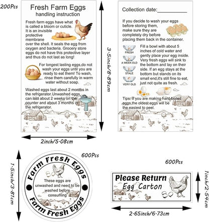 1400 Pcs Egg Stickers Kit for Farm Fresh Eggs 200 Egg Handling Instructions Stickers 600 Farm Fresh Eggs Stickers 600 Please Return Egg Carton Stickers for Egg Sellers Farmers Market Local Egg Dealer