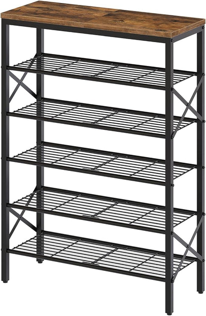 6-Tier Shoe Rack, Shoe Storage Organizer for Closet, Free Standing Shoe Organizer with Metal Mesh Shelves, 24 Pairs of Shoes, Rustic Brown and Black SS06BR