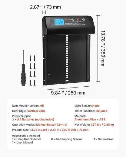 VEVOR Automatic Chicken Coop Door, Battery Powered Chicken Coop Door with Timer & Manual Setting, Anti-Pinch Security, Durable Aluminum Alloy, Auto Chick Run Gate Opener with Waterproof Sealing, Black