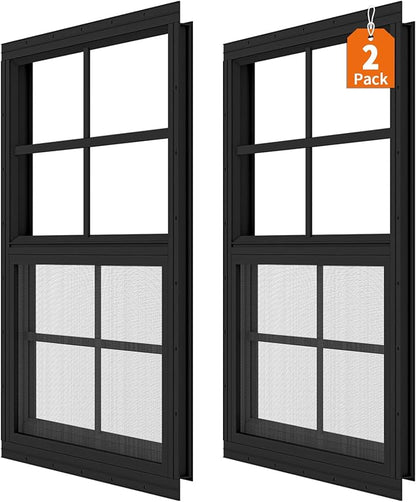 2 Pack Shed Windows 24" x 27" Flush Mount Window with Tempered Glass,House Small Windows,Household Sliding Windows for Chicken Coop, Playhouse, Household, Garage-Black