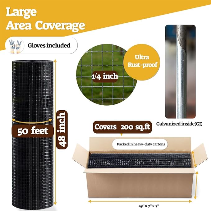 HORCH Black Hardware Cloth 1/4 inch 48 x 50 ft 19 Gauge, Wire Mesh Roll, Chicken Wire Fencing, Garden Fencing, Welded Wire Fence Roll, Gopher Wire, Chicken Coop/Run Wire, Rat Wire, Mesh Wire Fence