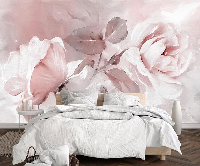 Pink Watercolor Peony Floral Mural Wallpaper Rose Flower Wall Mural for Living Room Bedroom Dining Room Office(Not Self-Adhesive)