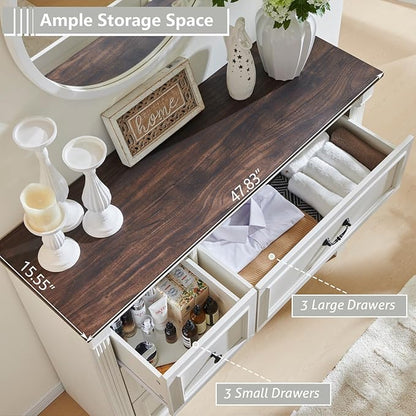 6 Drawers Dresser for Bedroom, Farmhouse 47.8" Wide Dressers & Chests of Drawers w/Roman Column, Wood Rustic Closet Dresser with Two Different Drawer Sizes for Bedroom, Living Room, White