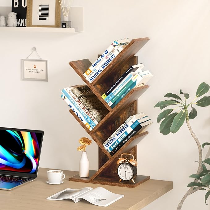5 Tier Tree Book Shelf, Small Desktop Bookshelf with Storage Organizer, Wood Bookcase, Desk Display Bookshelves, Floor Standing Organizer Bookcases for Living Room,Bedroom,Office-Brown
