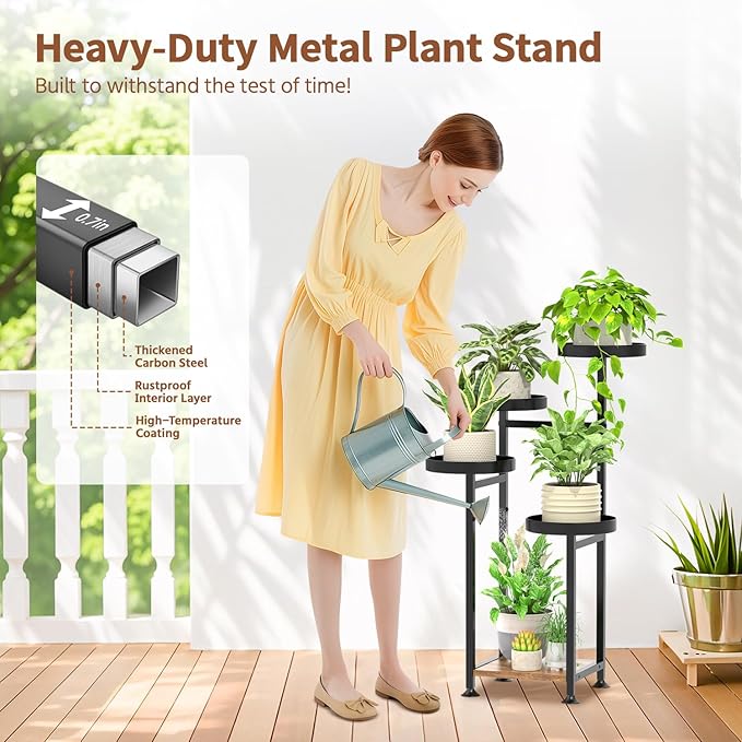 LASZOLA 5 Tiered Black Plant Stand Indoors for Multi Larger Heavy Duty Planter, Sturdy Flowers Rack for Narrow House Inside, Decorate for Herb Tree, Metal Ladder Shelving with Wood Base, Space Saving