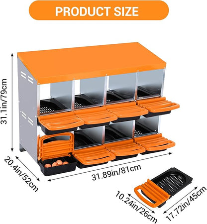 Chicken Nesting Box 8-Hole Roll Away Egg Laying Box with Lid, Galvanized Steel Rustproof Poultry Coop Box, Easy Clean, Wall Mountable No Bracket Needed for Hens, Orange