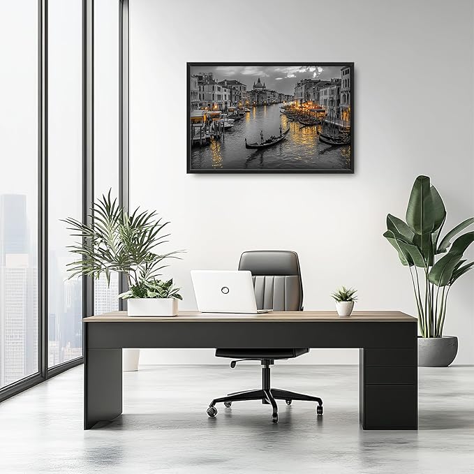 Olivine Italy Large Wall Art, Venice City Pictures Wall Decor, Black and White Painting, Cityscape Canvas Prints, Framed Artwork for Dining Room Living Room Bedroom Bathroom Office Home Decor 36"x24"