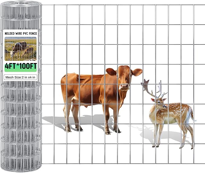 Gisafai 48in x 100ft Welded Wire Fence, 2 Inch x 4 Inch 16 GA, Galvanized Metal Garden Fence Roll Wire Mesh Netting for Goat Deer Cattle Animal Enclosures and Yard Vegetable Plant Protection,Silver