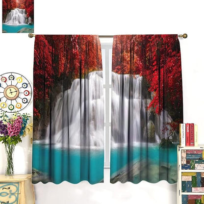 Red Forest Waterfall Blackout Windows Curtains, Tree Landscape Woodland Scenic Nature Fall Scenery Art Printed Curtains, for Living Room Bedroom 63x72in 2 Panels
