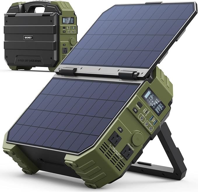 BROWEY 1600W (3200W Peak) Portable Power Station, 1024Wh LiFePO4 Battery with Built-in Solar Panel, 100W USB-C PD, Solar Generator for Camping, RV, Home Backup, Emergency