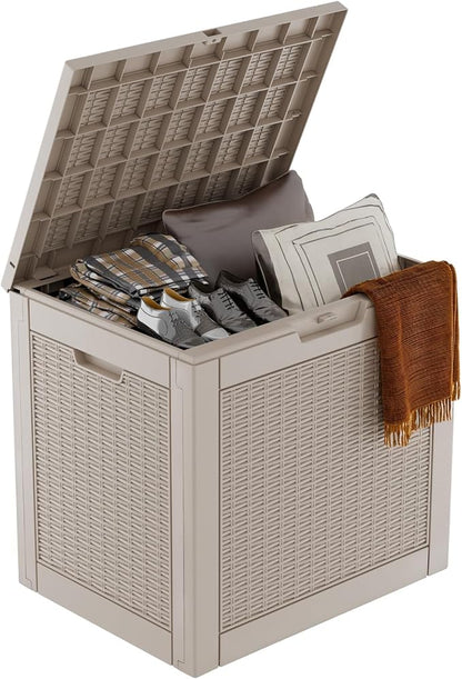 Vixzen 31 Gallon Resin Deck Box, Lockable Outdoor Storage Box for Patio Cushions Storage Furniture,Garden Tools, Pool Supplies, Weatherproof and UV Resistant- Grey