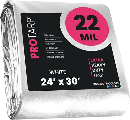 PROTARP Extreme Heavy Duty 22 Mil Tarp Cover, Waterproof, UV Resistant, Rip and Tear Proof, Poly Tarpaulin with Reinforced Edges for Roof, Camping, Patio, Pool, Boat. (White 24′ X 30′)