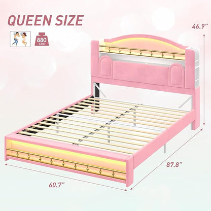 Queen Bed Frame with Storage Headboard, Platform Bed Frame Queen Size with Charging Station&LED Lights,Velvet Princess Bed for Girls/Kids, No Box Spring Needed/Noise-Free/Easy Assembly,Pink