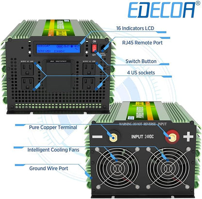 EDECOA 24V 3500W Pure Sine Wave Power Inverter 3500 Watts Model DC 24V to AC 110V 120V 4 AC Outlets and 1 Hardwire Terminal with LCD Display and Remote Controller