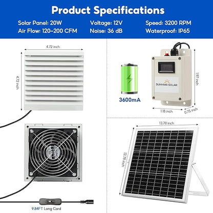 SUNYIMA Solar Fan with Battery,20W Solar Panel Powered Fan Kit with Waterproof Dual Exhaust Fans and 9.84ft Switch Cable for Chicken Coops, Sheds, Pet Houses, Greenhouse Air Circulation, Ventilation