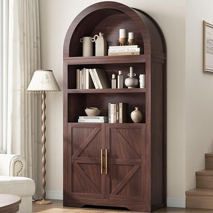 Arched Bookshelf Bookcase China Pantry Storage Cabinet with Doors and Shelves,Kitchen Pantry Cabinet,71“ Tall Food Pantry Furniture for Living Room, Dining Room (Brown)
