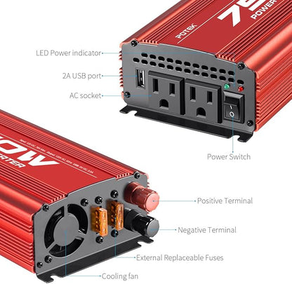 POTEK 750W Power Inverter DC 12V to AC 115V Car Converter with 2A USB Charging Port