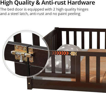 i-POOK Queen Floor Bed for Children, Sturdy Wood Montessori Bed Frame with Wood Slats, High Fence & Small Door for Girls and Boys, Espresso (with Bed Slats)