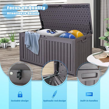 100 Gallon Outdoor Storage Box Waterproof, Resin Deck Box with Dual-Wall, Patio Cushion Storage Box for Garden Tools, Pool Supplies, Toy