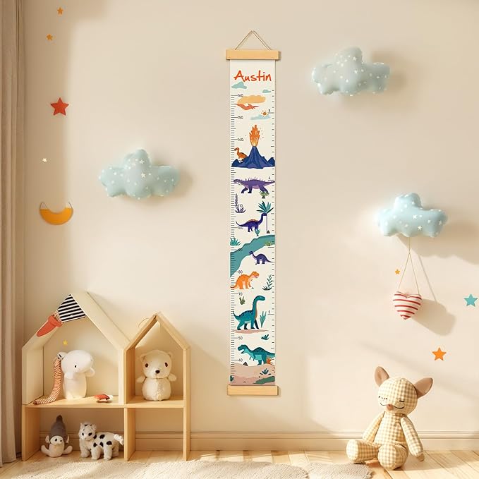 Customize Name Canvas Growth Chart for Kids, Dinosaur Unisex Kids Room Wall Decor, Measuring Height Chart, Wall Tape with Height Chart for Kids, Foldable Height Tracker, Lightweight