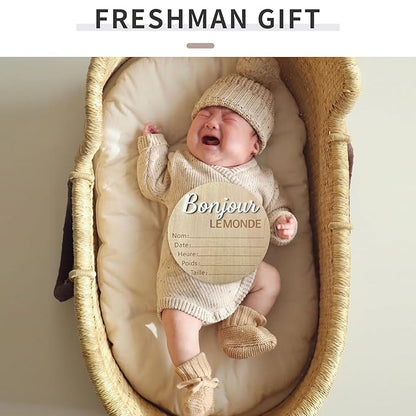 Baby Announcement Sign, 5.9 Inch Wooden Hello World Newborn Signs, "Bonjour Le Monde" Decoration, Birth Announcement Sign, Welcome Newborn Arrival to World, Hospital Nursery for baby