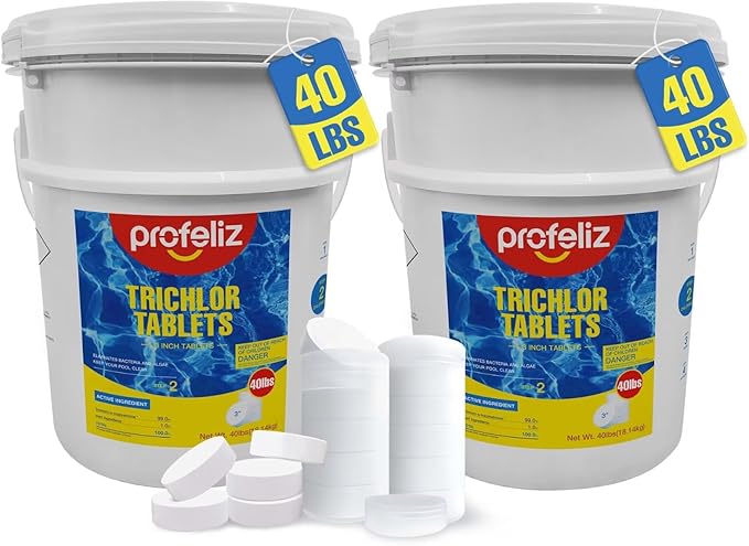 PROFELIZ 2-Pack Chlorine Tablets 3 Inch for Swimming Pools, Kills Bacteria and Stops Algae, Slow Dissolving,Exclusive Protective Packaging,Pool Chlorine Tablets,2X 40 lbs Bucket,Total of 80lbs