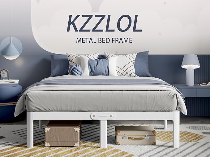 White Bed Frame Queen Size 12 Inch, Metal Queen Bed Frame No Box Spring Needed, Heavy Duty Steel Support 3500 LBS, DIY Headboard, Noiseless, Round Corner Legs, Storage Space, Easy Assembly