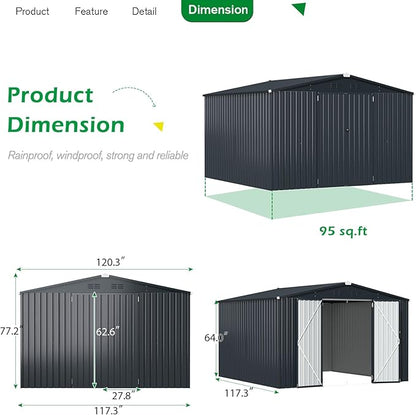 AECOJOY Shed 10'x10' Storage Shed, Large Metal Storage Sheds & Outdoor Clearance, Steel Backyard Shed with Lockable Doors, Utility and Tool Storage for Garden, Patio, Outside Use in Dark Grey