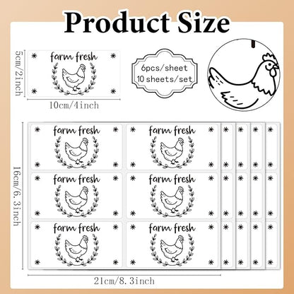 60Pcs 2" x 4" Farm Fresh Egg Carton Sticker Rectangle White Self Adhesive Fresh Egg Labels Cartoon Packaging Stickers Tags for Box Containers Business Farmhouse Market Supplies