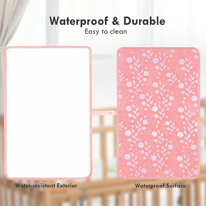 Portable Diaper Changing Pad for Baby - Waterproof Compact Changing Mat with Wrist Strap - Wipeable Travel Changing Pad for Diaper Bag - Gifts for Baby Shower by PHOEBUS BABY(Pink Flowers)