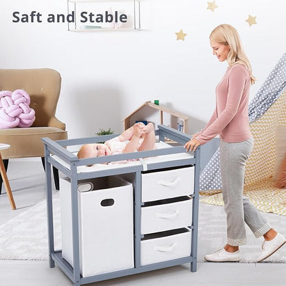 Wooden Baby Changing Table, Modern Diaper Changing Table, Infant Diaper Station Dresser with Laundry Hamper, 3 Drawer Basket- Storage Organizer for Baby Clothes, Diapers & Toys
