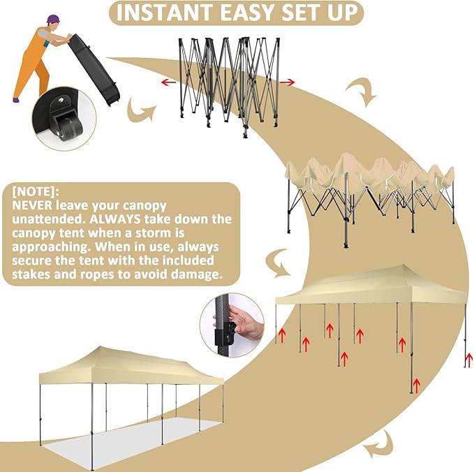 COBIZI 10x30 Pop Up Canopy Without Sidewall,Heavy Duty Canopy UPF 50+ All Season Wind Waterproof Commercial Outdoor Wedding Party Tents for Parties Canopy Gazebo with Roller Bag(10 x 30 ft Khaki)