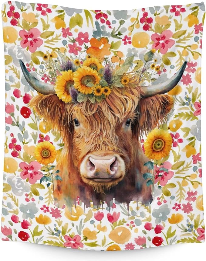 Highland Cow Blanket Gifts - 80x60 Inches Vintage Throw Blanket for Women, Girls - Colorful Soft Fuzzy Blankets for Bed Couch & Travel - Aesthetic Highland Cow Gift Idea