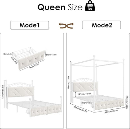 Queen Upholstered Canopy Bed Frame with 2 Drawers & Crystal Tufted Storage Headboard Metal Platform Bed with Charging Station & 4 Removable Posts No Box Spring Needed Curtain Not Included, Beige