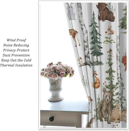 Animal Kids Curtains, Woodland Squirrel Rabbit Bear Animal Friends Forest Curtains for Boys and Girls Bedroom Living Room Kitchen 72x63in