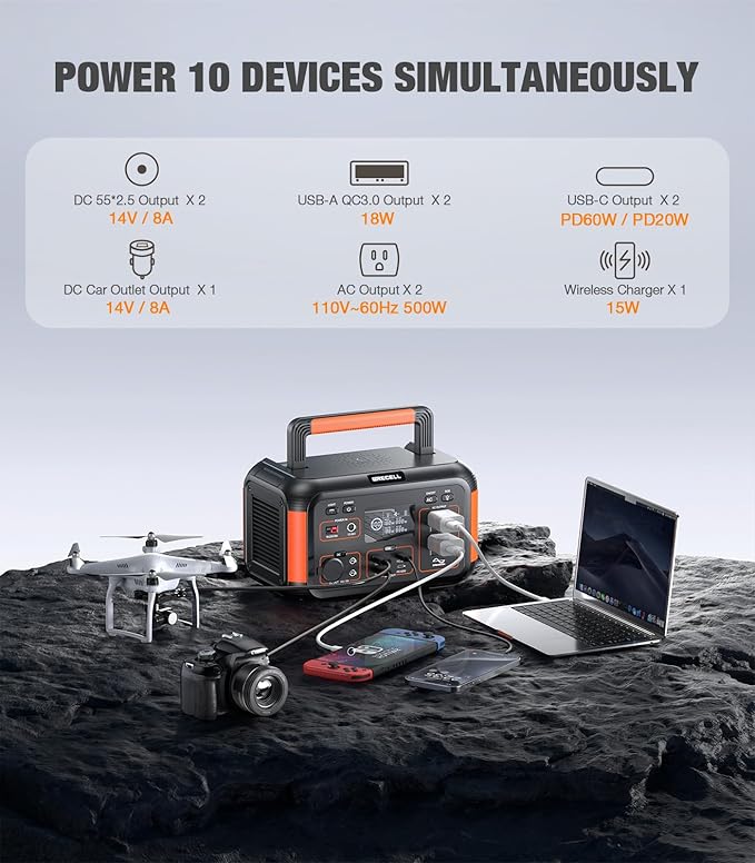 GRECELL 500W Portable Power Station 444Wh Solar Generator with 110V Pure Sine Wave AC Outlet/PD60W, 1000W Peak power station for Camping Trip RV Outdoor Home Emergency Backup & Solar Powered