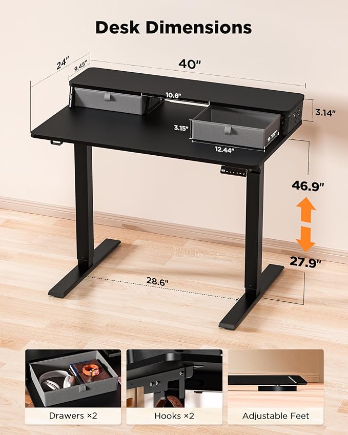 40x24 Inch Standing Desk with Double Drawers, C-Clamp Mount Compatible, Electric Adjustable Height Computer Stand Up Desks, Home Office Sit Stand Table with 3 Preset Heights & 2 Hooks, Black