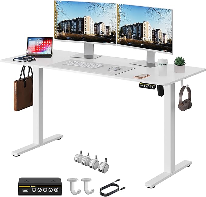 Electric Standing Desk Adjustable Height 55"x24" Stand Up Desk with Lockable Wheels Ergonomic Sit Stand Desk for for Work Office Home Computer Workstation (White)