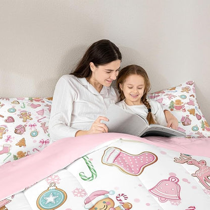 Cute Bow Tie Kids Bedding Set King Size,Pine Tree Merry Christmas Elk Deer Comforter Set,Bowknot Gingerbread Man Snowflake Quilt Comforter,Pink White Colorful Bedroom Duvet Insert,2 Pillowcases