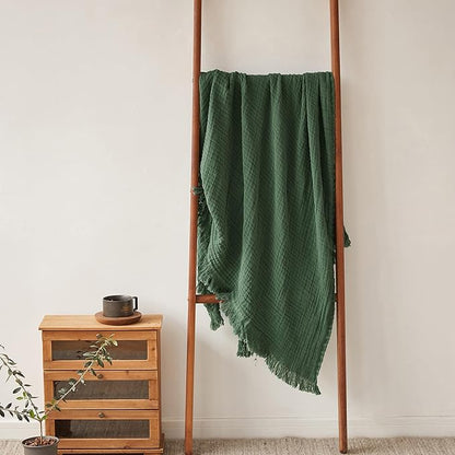 Simple&Opulence Cotton Muslin Throw Blanket for Bed, Couch, Knit Woven Gauze Blanket with Tassels, Soft Lightweight Cozy Pre-Washed Breathable Farmhouse Decoration for All-Season (Olive Green)