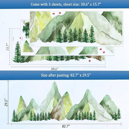 Large Mountain Wall Decals, Green Pine Tree Peel and Stick Vinyl Wall Stickers & Murals, Removable Home Room Wall Decor for Bedroom Living Room Bedroom Classroom Office Nursery