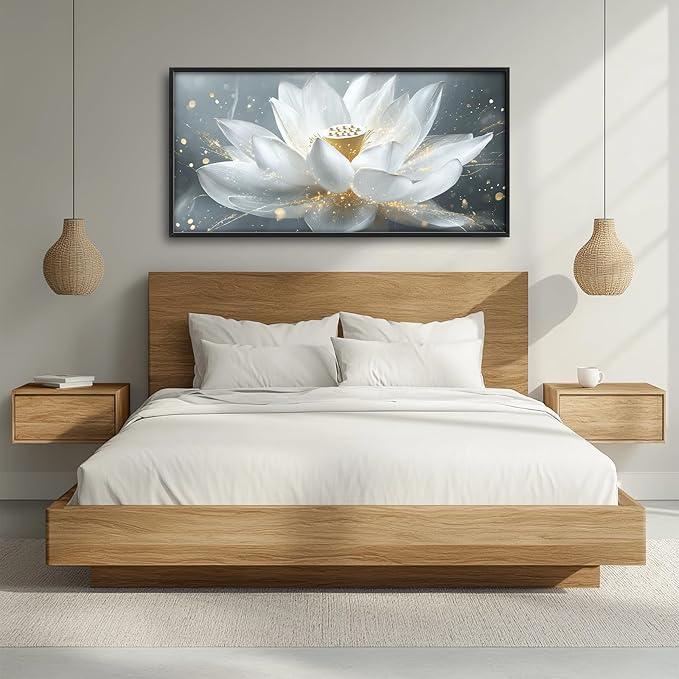 Olivine Zen Wall Art, Lotus Pictures Wall Decor, White and Golden Lotus Painting Flower Canvas Prints, Framed Artwork for Bedroom Bathroom Living Room Dining Room Office Home Decoration 60"x30"