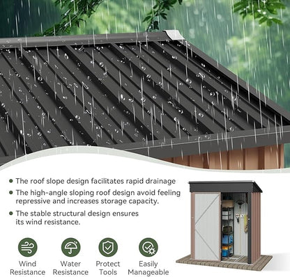 Aoxun 5x3 ft Galvanized Metal Outdoor Storage Shed with Base Slanted Roof Tool House with Stainless Latch & Base Frame Durable Weather-Resistant Garden Shed for Patio, Brown