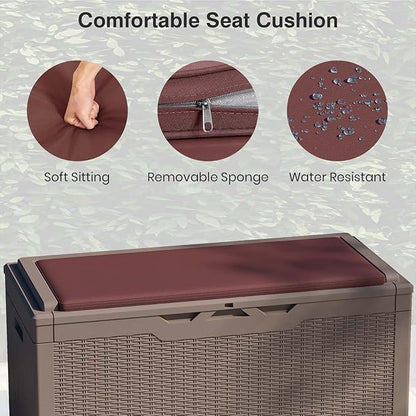 Patiolife 100 Gallon Resin Deck Box with Cushion, Large Outdoor Storage Box for Garden Tools, Pool Supplies, Waterproof and Lockable, Dark Brown