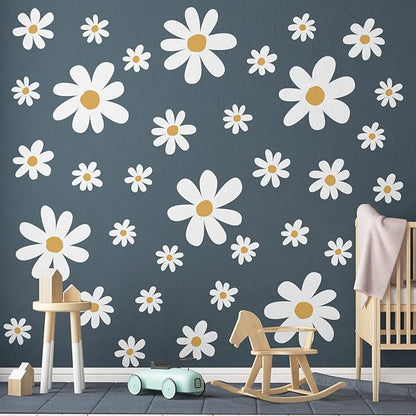 TaoBary 12 Sheets Daisy Wall Decal Flower Wall Sticker Cute Daisy Sticker Pink White Flower Decal Peel and Stick Floral Wallpaper for Nursery Bedroom Home Decor(White, Yellow,Cute Style)