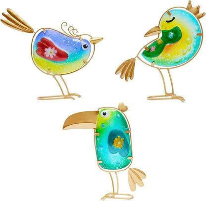 Funny Metal & Glass Bird Decor Set of 3 - Unique Colorful Indoor & Outdoor Garden Statues Whimsical Lawn Decorations Handmade Bird Sculptures Garden Decor for Outside