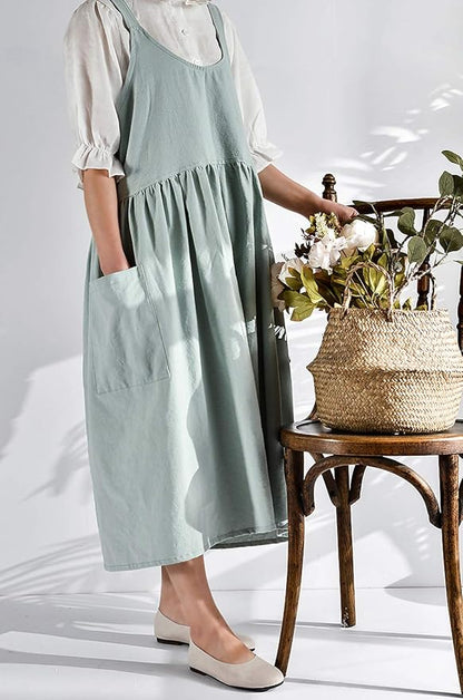 NEWGEM Cotton Linen Cross Back Apron for Women with Pockets for Cooking Gardening Turquoise without Waist Ties