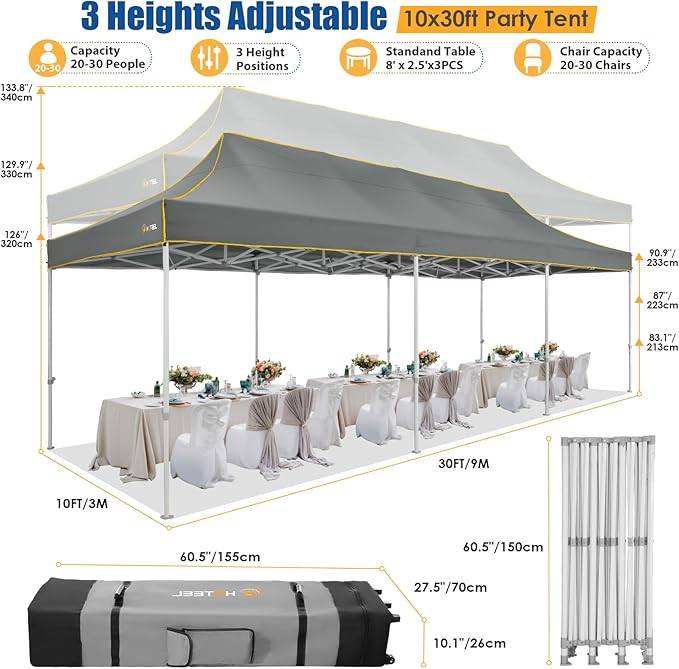 HOTEEL 10x30 Pop up Canopy Tent for Parties, Heavy Duty Easy Setup Tent Without Sidewalls, Outdoor Commercial Instant Gazebo for Wedding Event, with Portable Bag, Grey(Hexagonal Frame)
